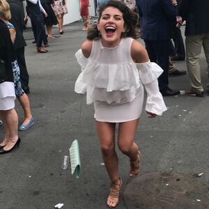 PLT white ruffle off the shoulder mock neck mini dress